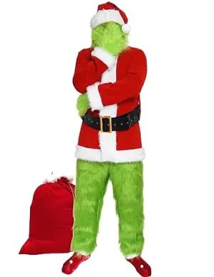 ADOMI Christmas Costume for Men Green Furry Monster 8PCS Deluxe Adult Santa Suit Xmas Outfit Set Halloween Holiday S