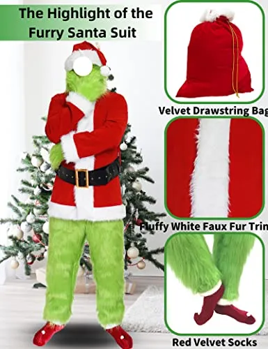ADOMI Christmas Costume for Men Green Furry Monster 8PCS Deluxe Adult Santa Suit Xmas Outfit Set Halloween Holiday S