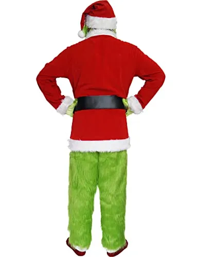ADOMI Christmas Costume for Men Green Furry Monster 8PCS Deluxe Adult Santa Suit Xmas Outfit Set Halloween Holiday S