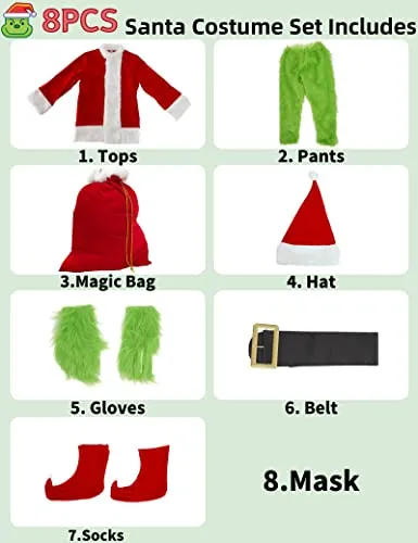 ADOMI Christmas Costume for Men Green Furry Monster 8PCS Deluxe Adult Santa Suit Xmas Outfit Set Halloween Holiday S
