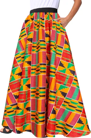 Afibi Women African Skirt Printed Ankara Maxi Skirt Dashiki Long Skirts with Pockets