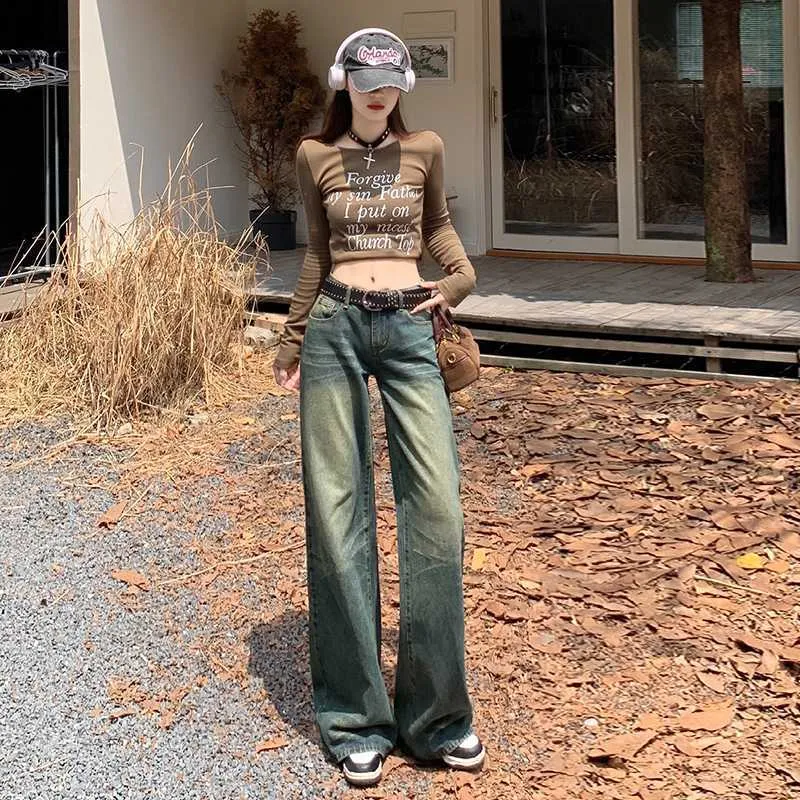Aiertu dress to impress outfits American Retro Distressed Washed Low Waist Wide Leg Pants Hot Girl Denim Straight Pants Mopping Pants Lengthened