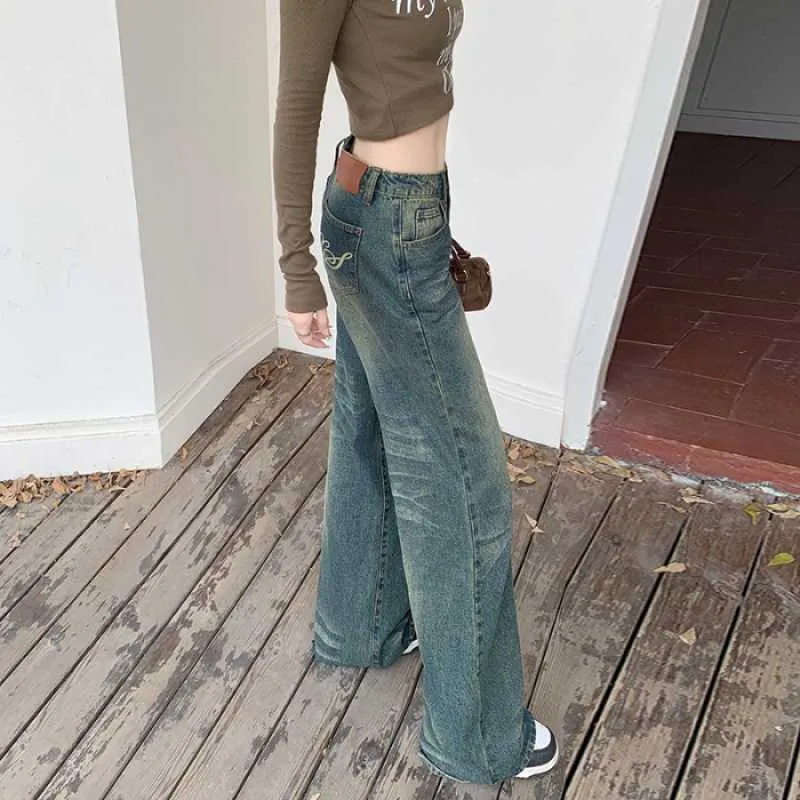Aiertu dress to impress outfits American Retro Distressed Washed Low Waist Wide Leg Pants Hot Girl Denim Straight Pants Mopping Pants Lengthened