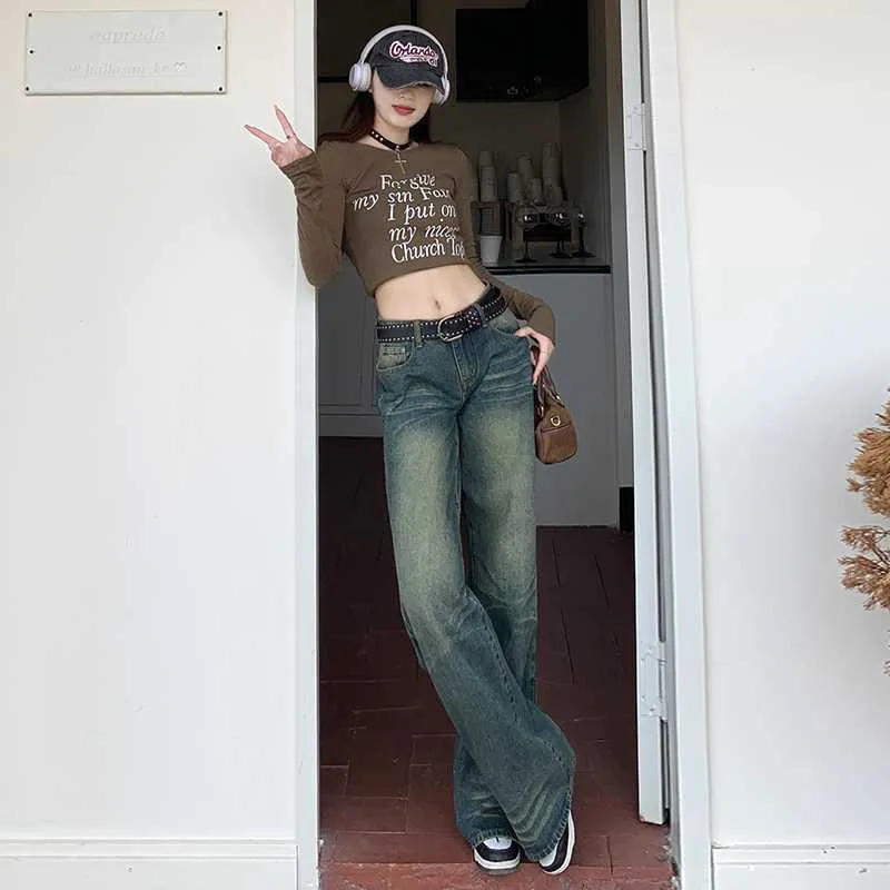 Aiertu dress to impress outfits American Retro Distressed Washed Low Waist Wide Leg Pants Hot Girl Denim Straight Pants Mopping Pants Lengthened