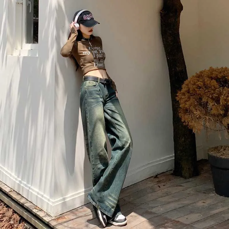 Aiertu dress to impress outfits American Retro Distressed Washed Low Waist Wide Leg Pants Hot Girl Denim Straight Pants Mopping Pants Lengthened