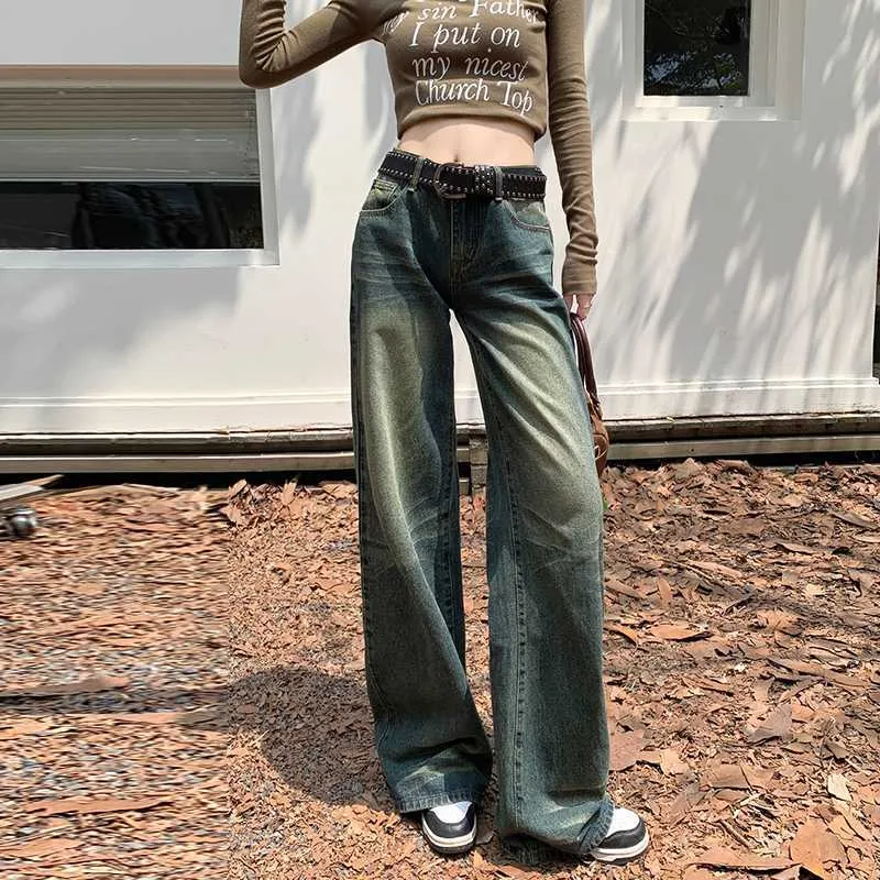 Aiertu dress to impress outfits American Retro Distressed Washed Low Waist Wide Leg Pants Hot Girl Denim Straight Pants Mopping Pants Lengthened