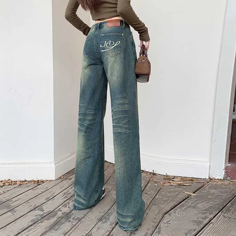 Aiertu dress to impress outfits American Retro Distressed Washed Low Waist Wide Leg Pants Hot Girl Denim Straight Pants Mopping Pants Lengthened