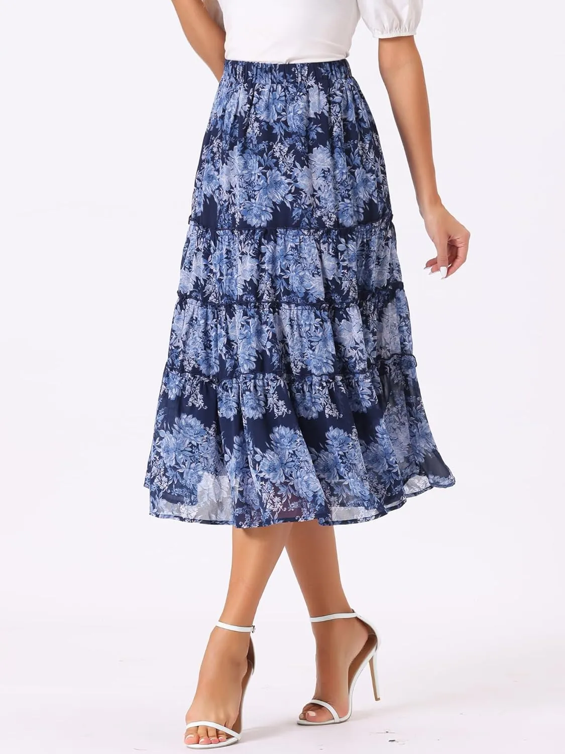Allegra K Women's Floral Skirts Chiffon A-line Long Tiered Ruffle Boho Midi Skirt XS-3XL