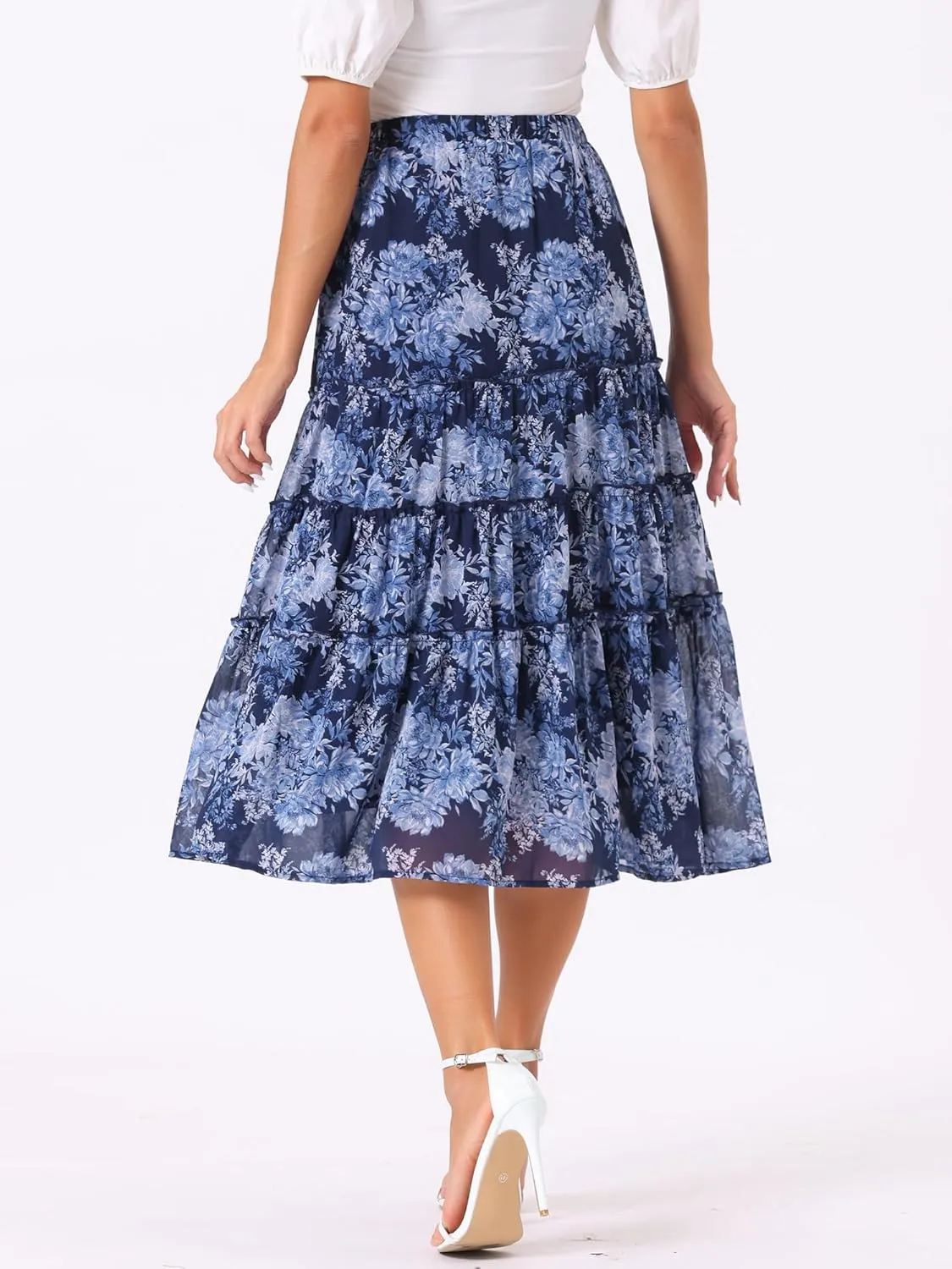 Allegra K Women's Floral Skirts Chiffon A-line Long Tiered Ruffle Boho Midi Skirt XS-3XL
