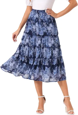 Allegra K Women's Floral Skirts Chiffon A-line Long Tiered Ruffle Boho Midi Skirt XS-3XL