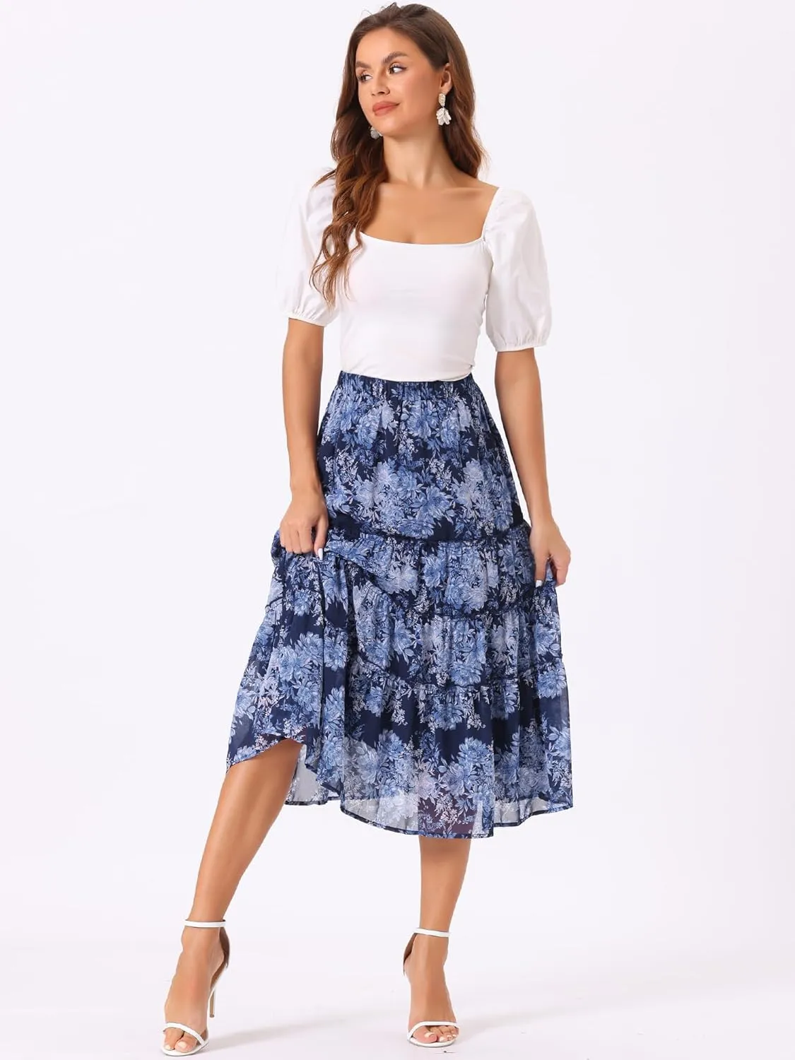 Allegra K Women's Floral Skirts Chiffon A-line Long Tiered Ruffle Boho Midi Skirt XS-3XL