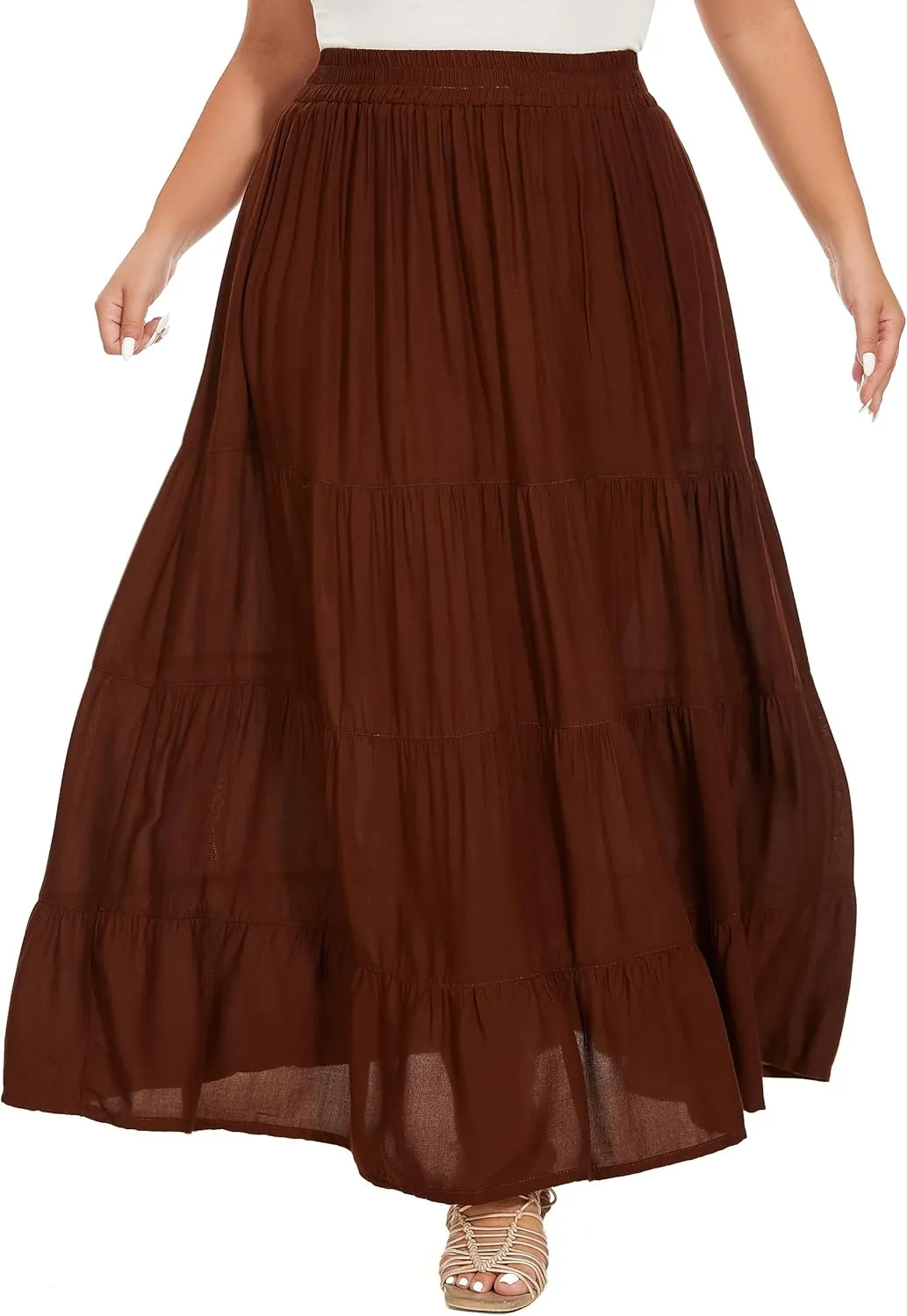 Beautybatik Women Boho Gypsy Solid Long Maxi Tiered Peasant A Line Skirt Plus Size XL to 3X