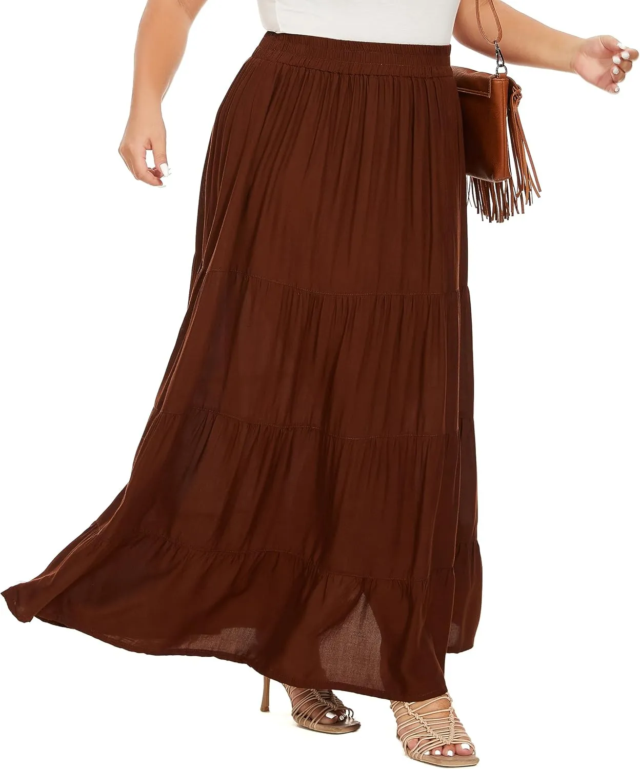 Beautybatik Women Boho Gypsy Solid Long Maxi Tiered Peasant A Line Skirt Plus Size XL to 3X