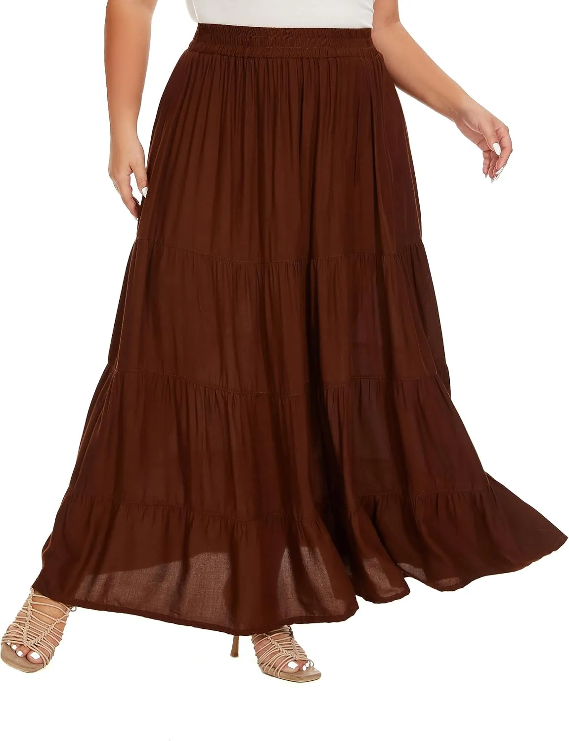 Beautybatik Women Boho Gypsy Solid Long Maxi Tiered Peasant A Line Skirt Plus Size XL to 3X