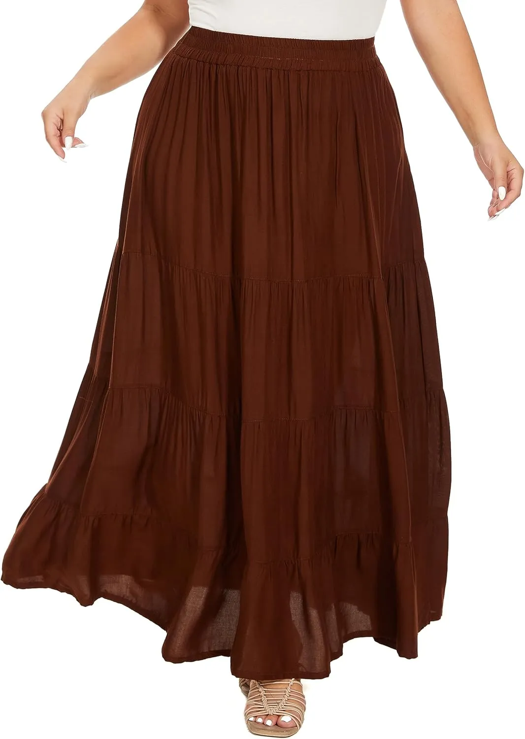 Beautybatik Women Boho Gypsy Solid Long Maxi Tiered Peasant A Line Skirt Plus Size XL to 3X