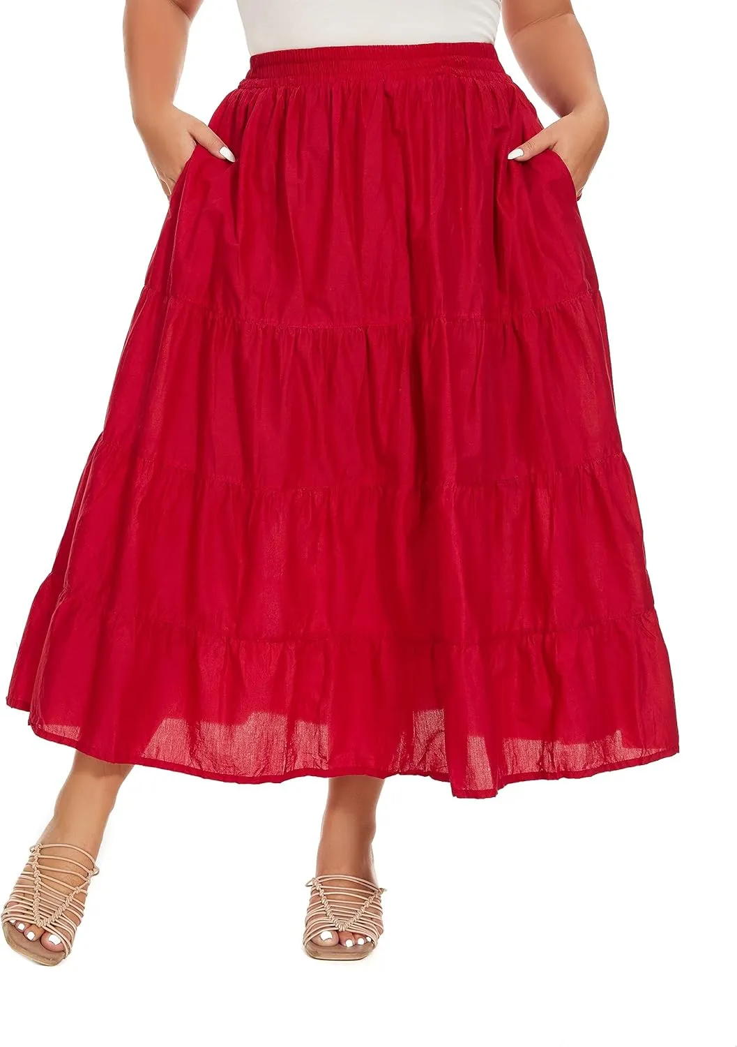 Beautybatik Women Cotton Plus Size Boho Gypsy Long Maxi Tier Skirt with Pockets XL to 3X