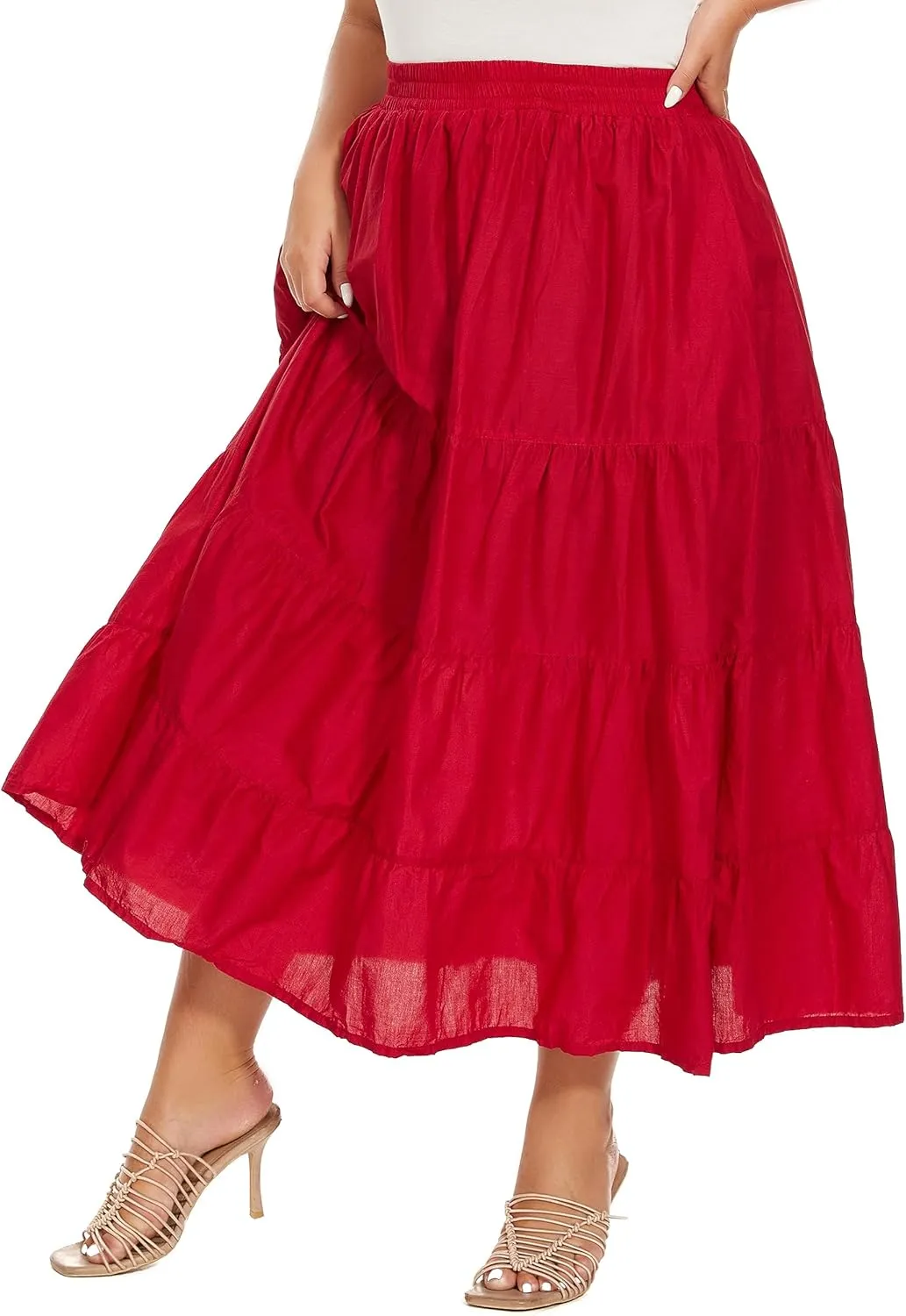 Beautybatik Women Cotton Plus Size Boho Gypsy Long Maxi Tier Skirt with Pockets XL to 3X