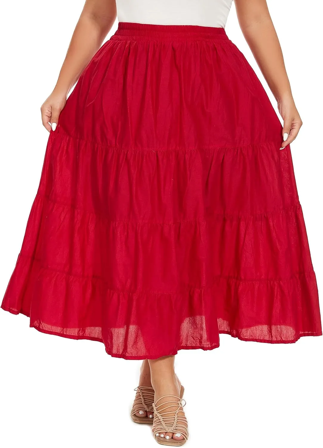 Beautybatik Women Cotton Plus Size Boho Gypsy Long Maxi Tier Skirt with Pockets XL to 3X