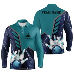 Blue Lightning Men's Bowling Long Sleeve Polo Shirt Custom Name Mens Bowlers Jersey, Team Bowling Gifts