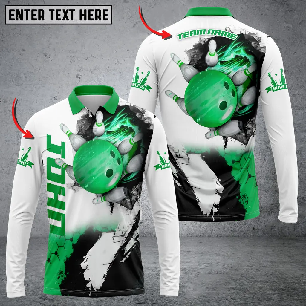 Bowling And Pins Hexagram Multicolor Option Customized Name Long Sleeve Polo Shirt, Idea Gift for Men