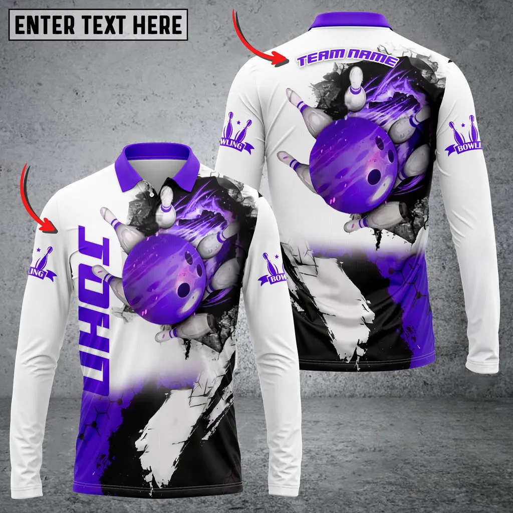 Bowling And Pins Hexagram Multicolor Option Customized Name Long Sleeve Polo Shirt, Idea Gift for Men