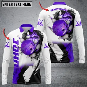 Bowling And Pins Hexagram Multicolor Option Customized Name Long Sleeve Polo Shirt, Idea Gift for Men
