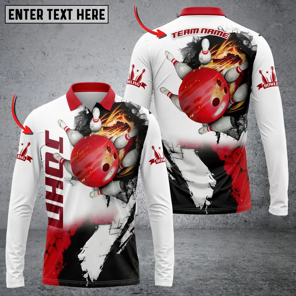 Bowling And Pins Hexagram Multicolor Option Customized Name Long Sleeve Polo Shirt, Idea Gift for Men