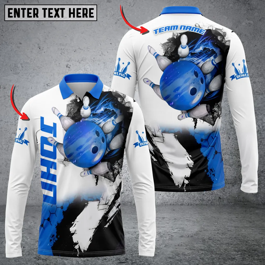 Bowling And Pins Hexagram Multicolor Option Customized Name Long Sleeve Polo Shirt, Idea Gift for Men