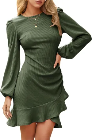 Byinns Women's 2024 Knit Sweater Bodycon Mini Dress Ribbed Long Sleeve Ruffle Hem Cocktail Party Sexy Fall Winter Dresses