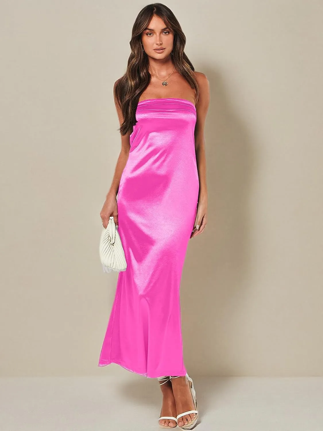 Caracilia Women's Summer Strapless Satin Tube Bodycon Backless Wedding Guest Maxi Dress 2025 Spring Formal Long Dresses