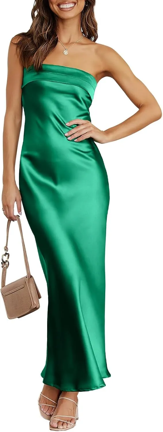Caracilia Women's Summer Strapless Satin Tube Bodycon Backless Wedding Guest Maxi Dress 2025 Spring Formal Long Dresses