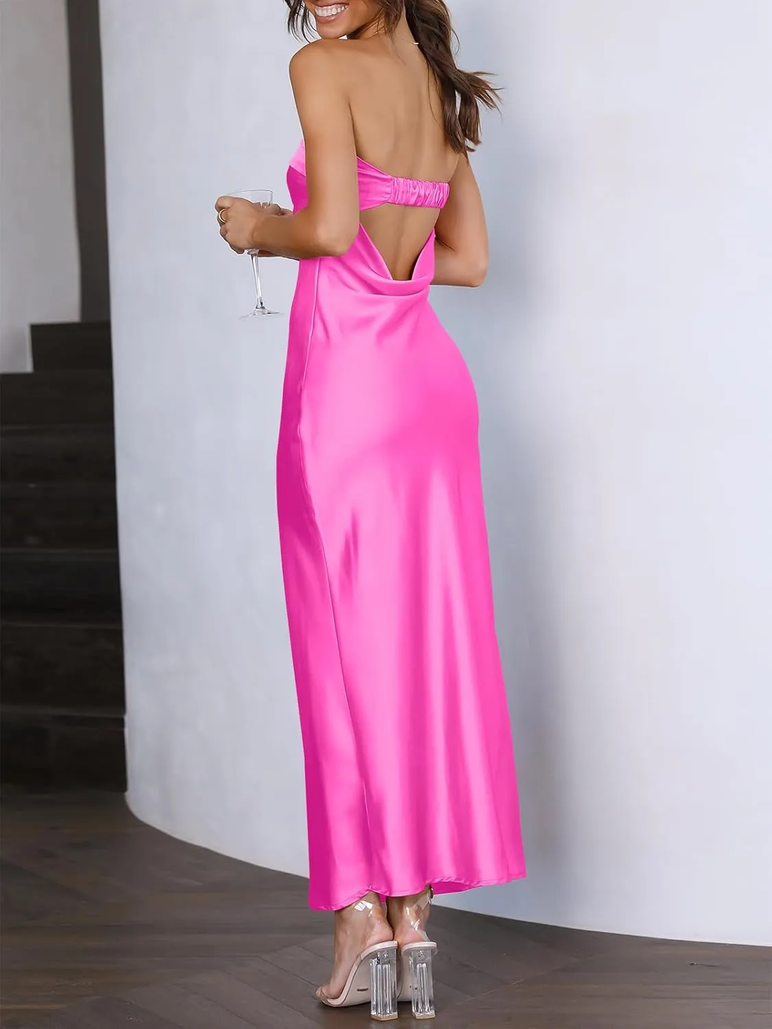 Caracilia Women's Summer Strapless Satin Tube Bodycon Backless Wedding Guest Maxi Dress 2025 Spring Formal Long Dresses