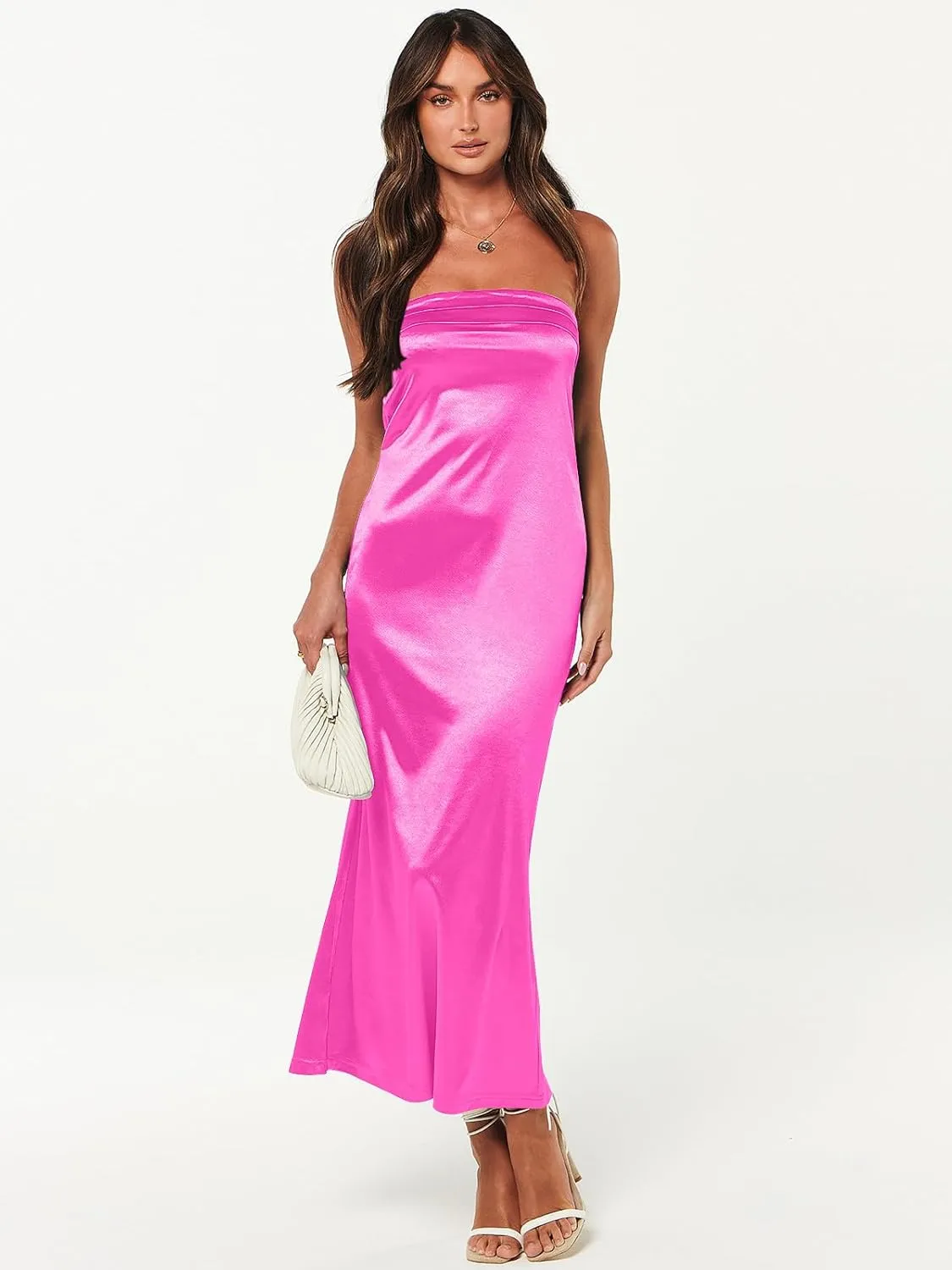 Caracilia Women's Summer Strapless Satin Tube Bodycon Backless Wedding Guest Maxi Dress 2025 Spring Formal Long Dresses
