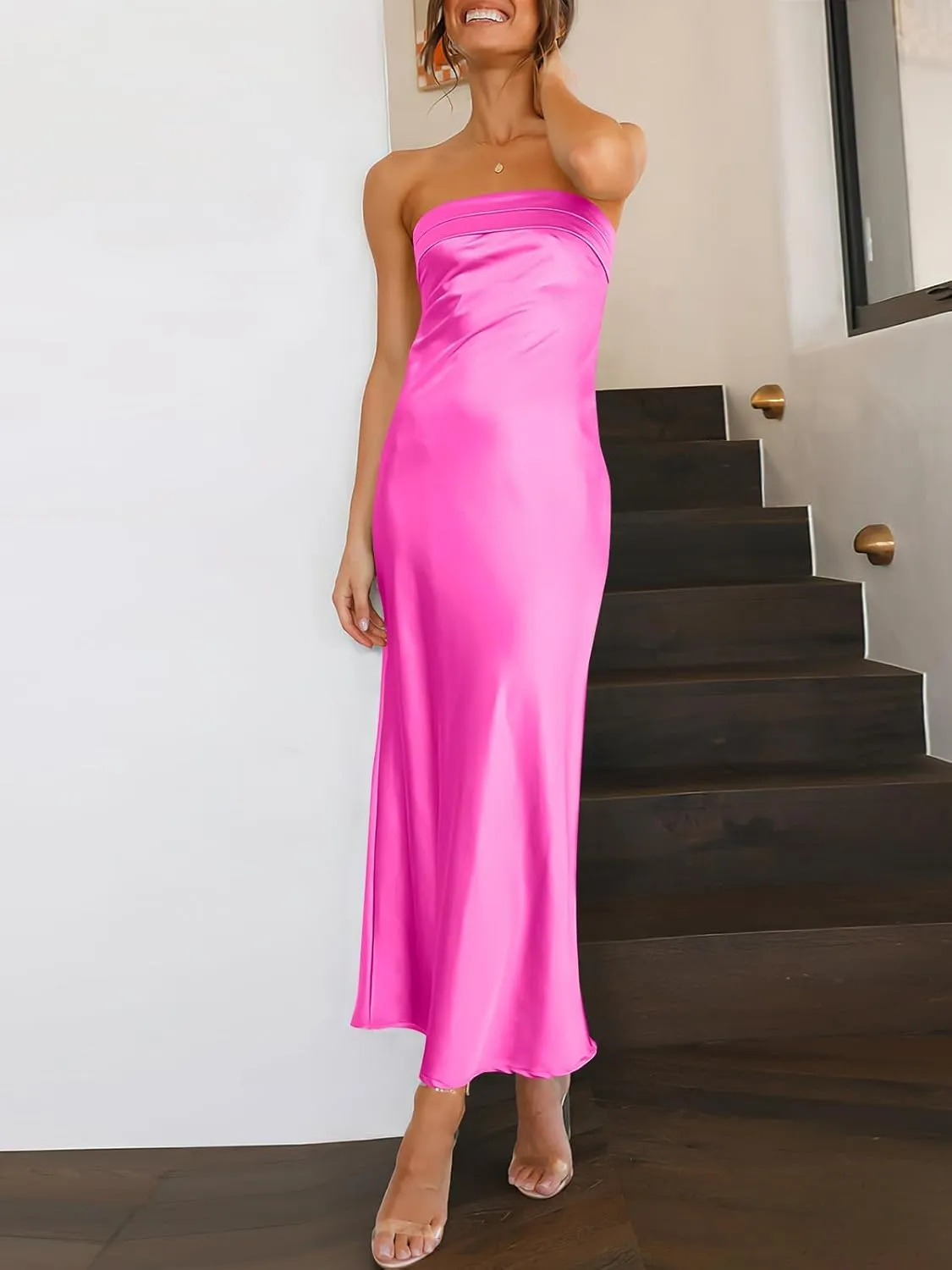 Caracilia Women's Summer Strapless Satin Tube Bodycon Backless Wedding Guest Maxi Dress 2025 Spring Formal Long Dresses