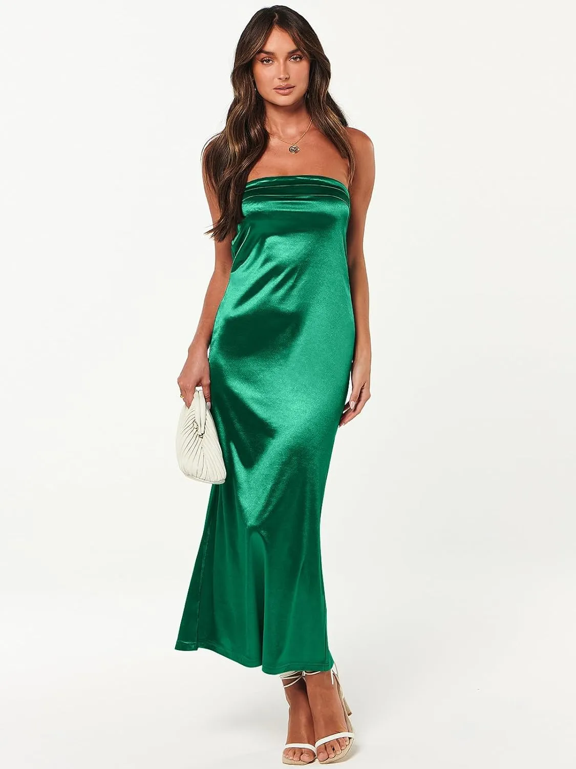 Caracilia Women's Summer Strapless Satin Tube Bodycon Backless Wedding Guest Maxi Dress 2025 Spring Formal Long Dresses