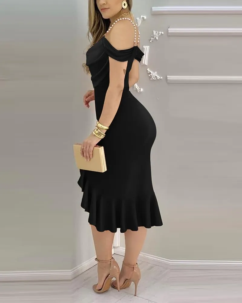 CHICME Womens Sexy Bodycon Party Dress Off The Shoulder Pearls Strap Midi Dress Ruffle Hem Cocktail Dresses