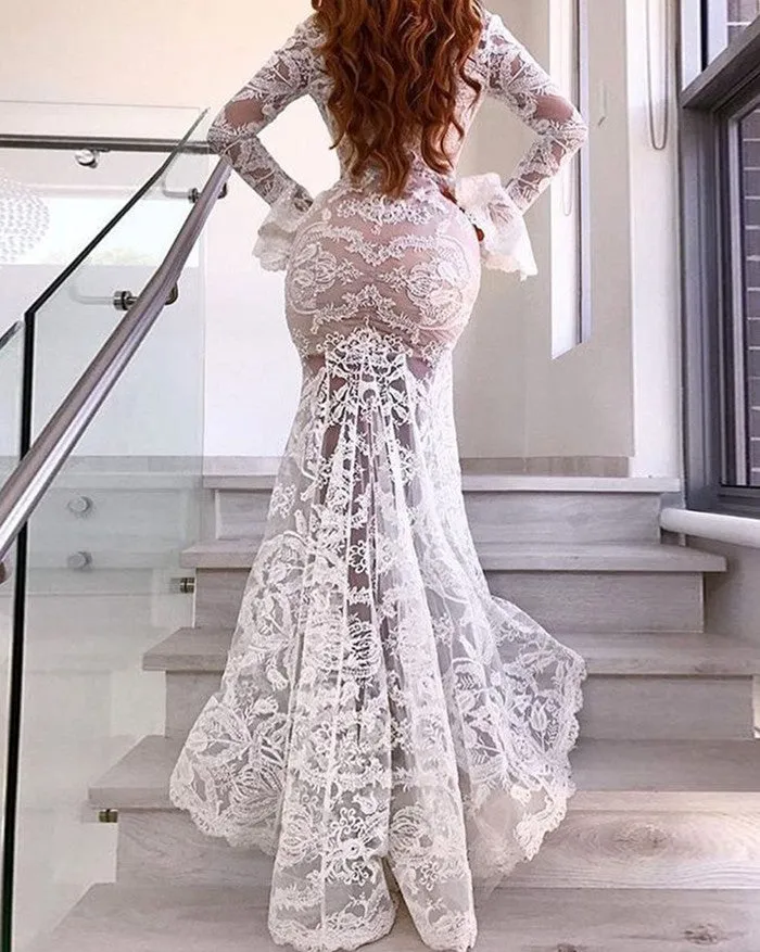 Deep V Lace Slit Fishtail Dress