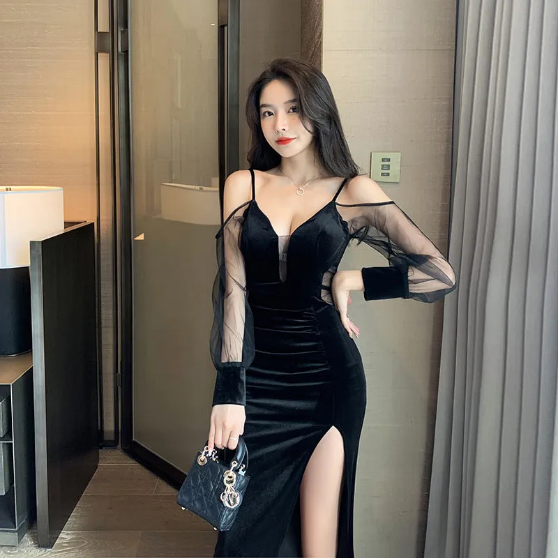 Deep V Low Cut Mesh Perspective Mopping Sling Dress
