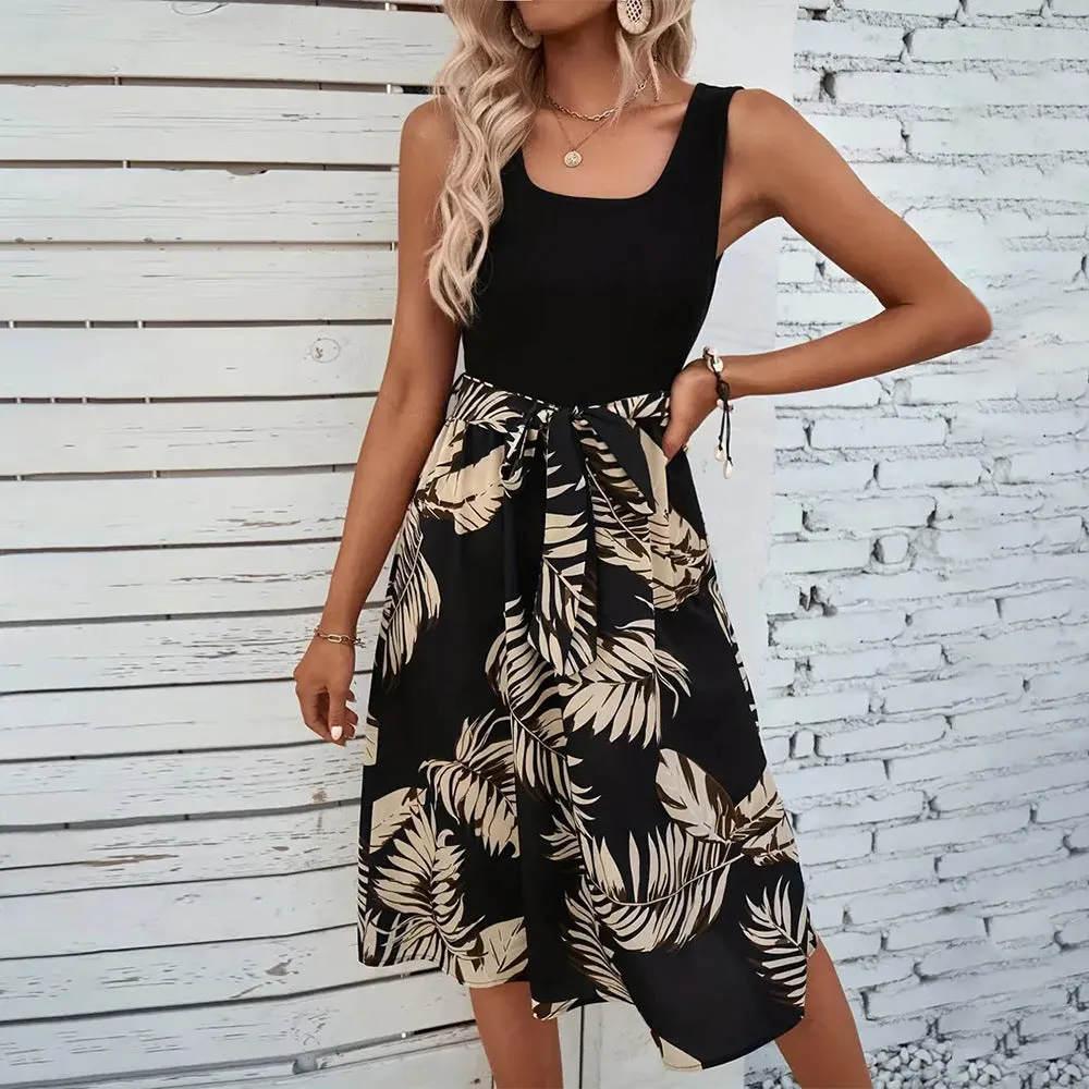 Elegant Women's Floral Casual A-Line Dress - High Waist, Black, Sizes S-XL