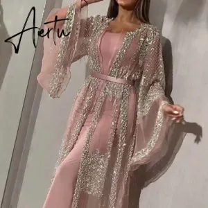Fashion Sequins Mesh Mopping Maxi Dress French Vintage Belt Women Club Dress Elegant O Neck Flare Sleeve Lace Evening Dress