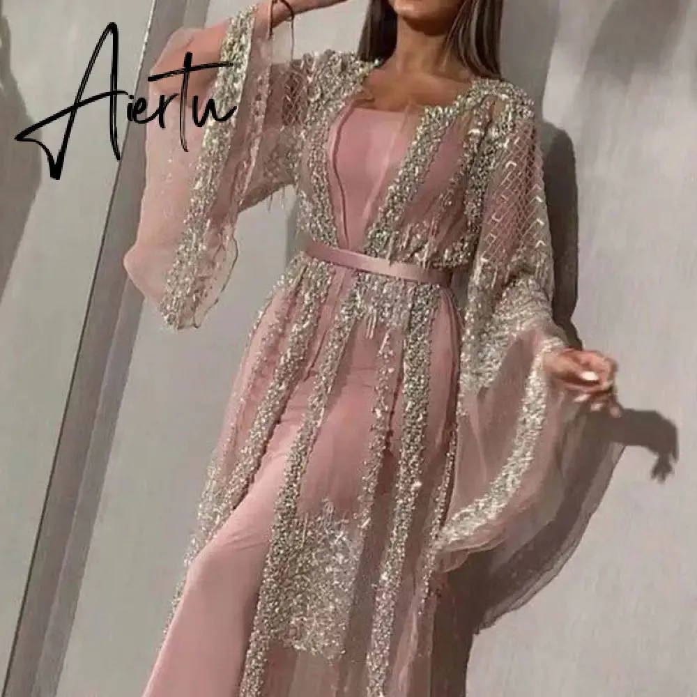 Fashion Sequins Mesh Mopping Maxi Dress French Vintage Belt Women Club Dress Elegant O Neck Flare Sleeve Lace Evening Dress