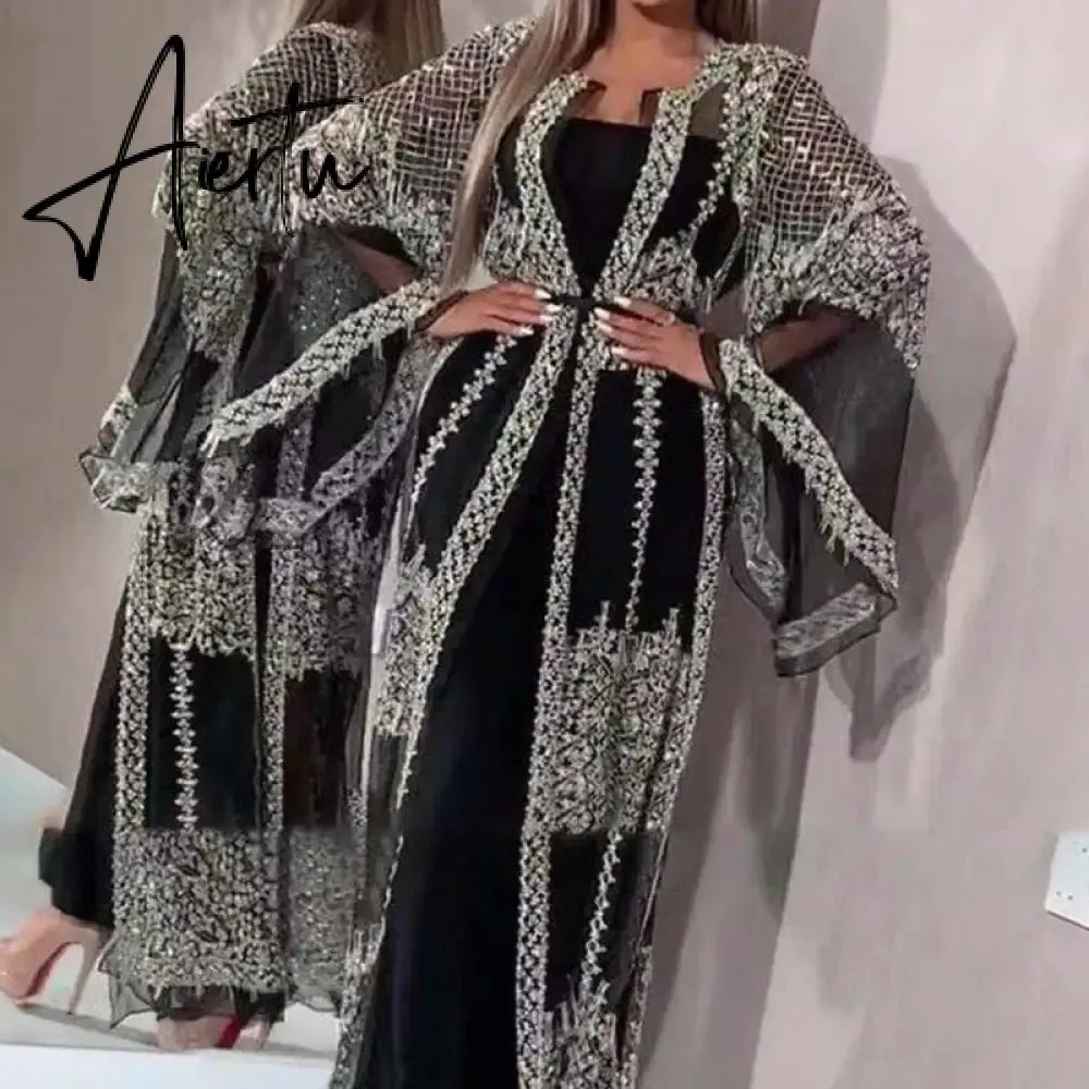 Fashion Sequins Mesh Mopping Maxi Dress French Vintage Belt Women Club Dress Elegant O Neck Flare Sleeve Lace Evening Dress
