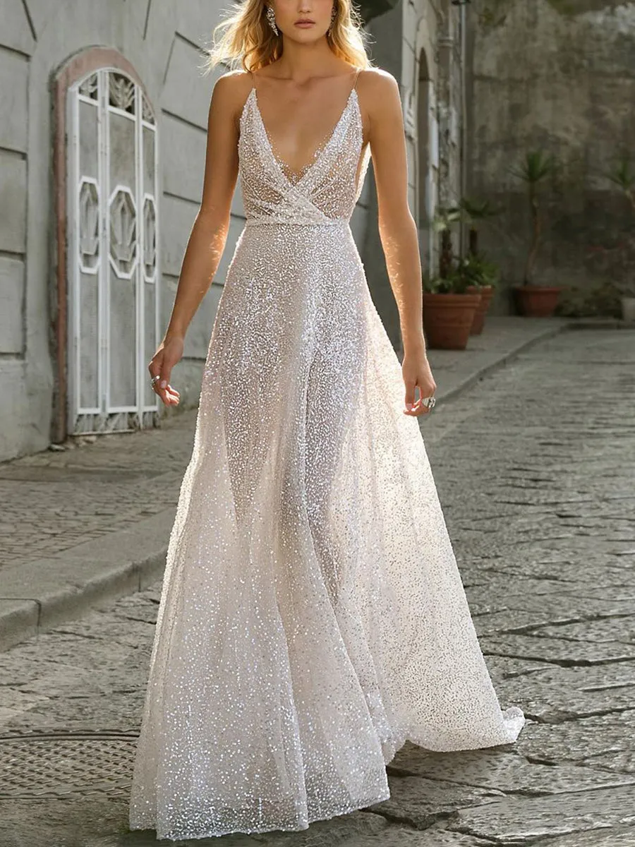 Fashion Sexy Sequin Suspenders Deep V-neck Mopping Evening Dress
