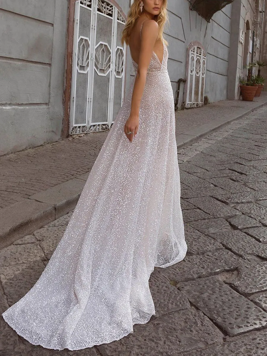 Fashion Sexy Sequin Suspenders Deep V-neck Mopping Evening Dress