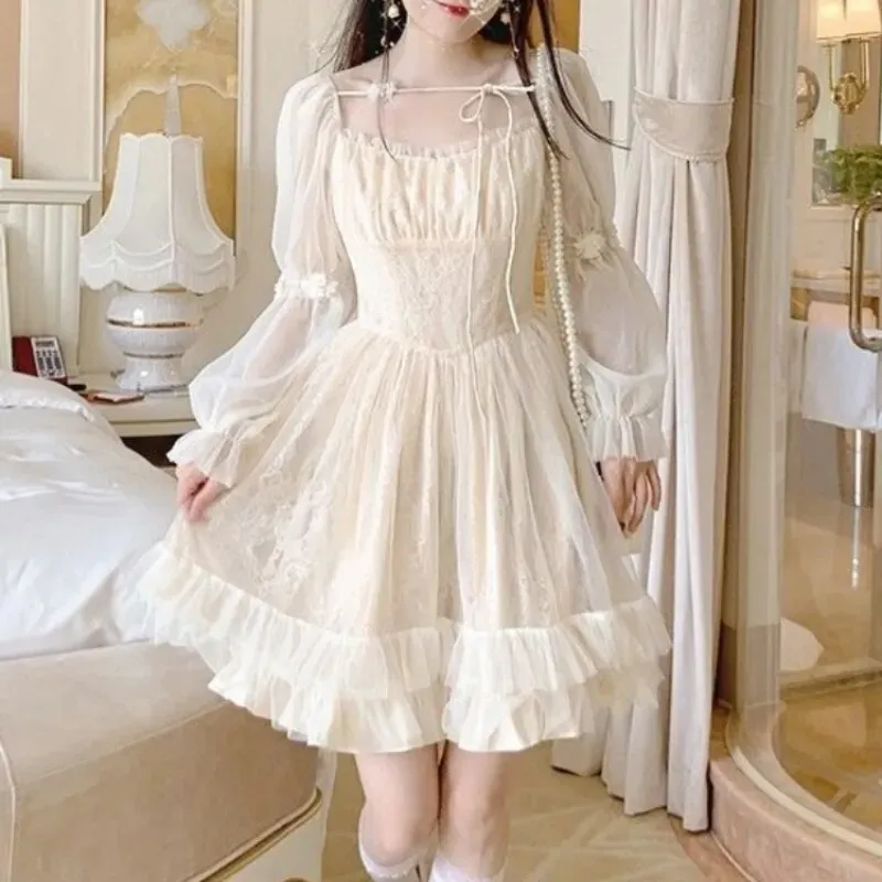 French Style Fairy Bandage Chiffon Dress for Women Casual Lace Long Sleeve Vintage Y2k Mini Dress