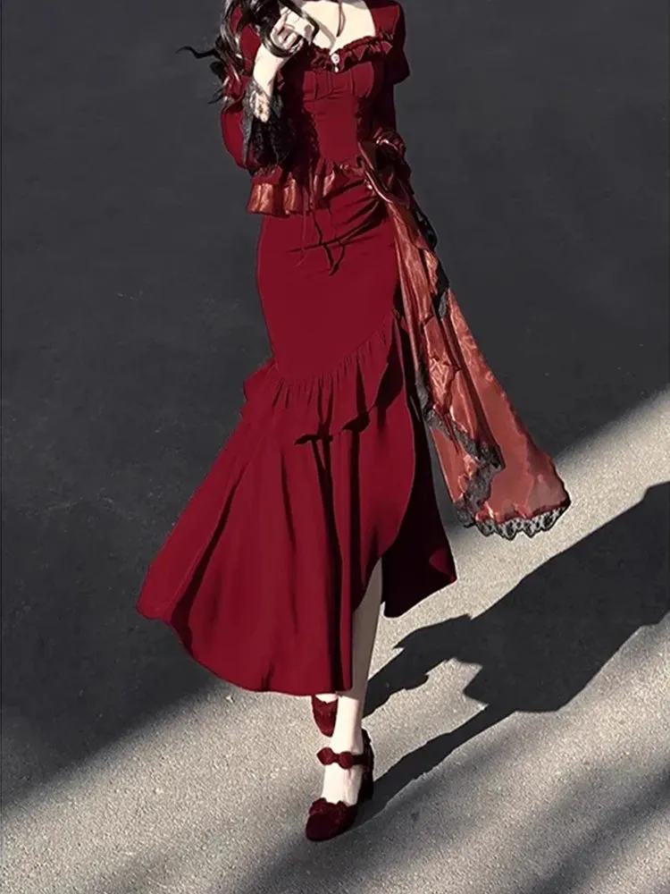Girlary Red Lolita Fishtail Skirt Women's Elegant Slim Fit Birthday Party Formal Dress Split Dress Chinese Style Sexy Dress Dignified