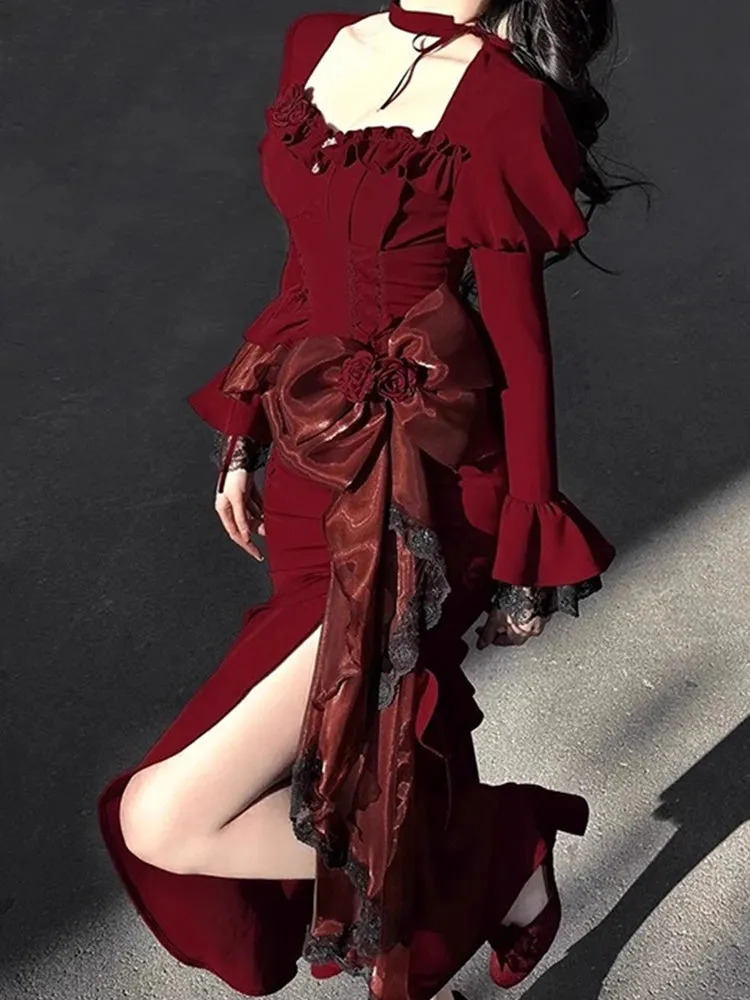 Girlary Red Lolita Fishtail Skirt Women's Elegant Slim Fit Birthday Party Formal Dress Split Dress Chinese Style Sexy Dress Dignified