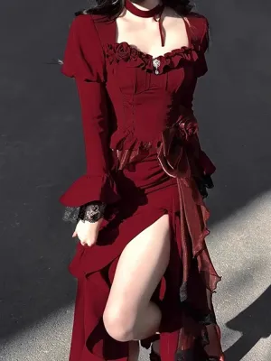 Girlary Red Lolita Fishtail Skirt Women's Elegant Slim Fit Birthday Party Formal Dress Split Dress Chinese Style Sexy Dress Dignified