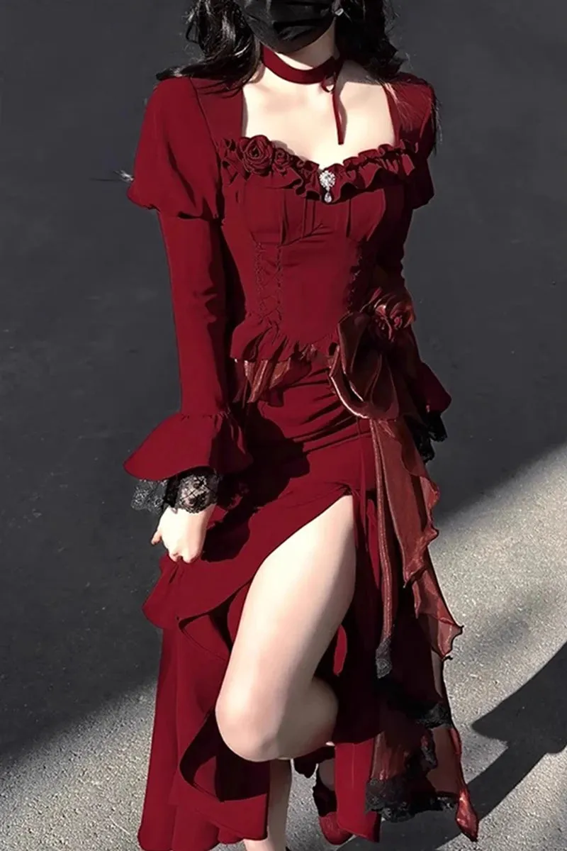 Girlary Red Lolita Fishtail Skirt Women's Elegant Slim Fit Birthday Party Formal Dress Split Dress Chinese Style Sexy Dress Dignified