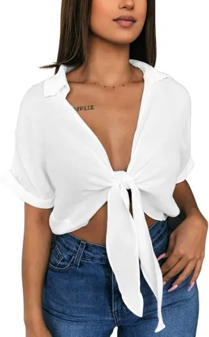 GOBLES Womens Summer Short Sleeve Shirts V Neck Tie Knot Batwing Blouses Tops